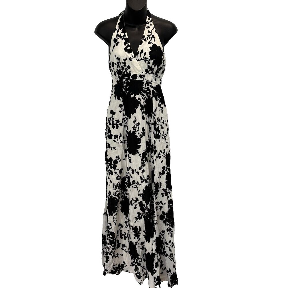 The Limited Black Floral Halter Neck Tie Maxi Dress Sz Small Fully Lined Cotton